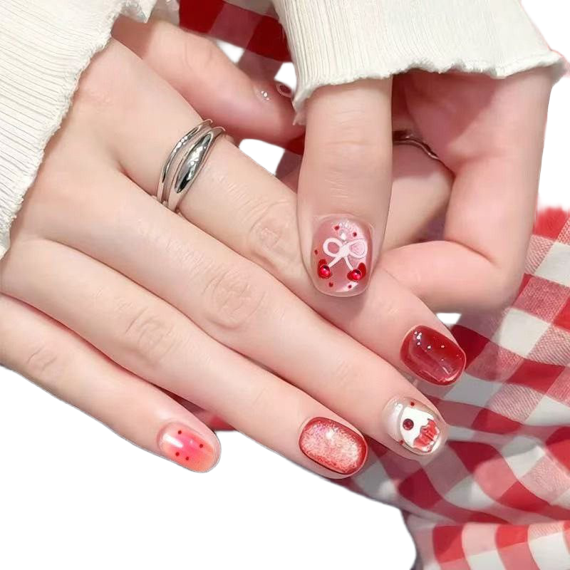 2026年新款儿童美甲穿戴甲感短款红色蛋糕小钻30片假指甲贴片,淘宝优惠券,粉丝福利购,淘宝优惠卷