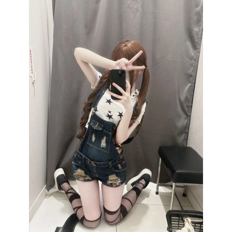 美式复古破洞牛仔背带短裤女2025新款纯欲俏皮辣妹性感超短热裤子,淘宝优惠券,粉丝福利购,淘宝优惠卷