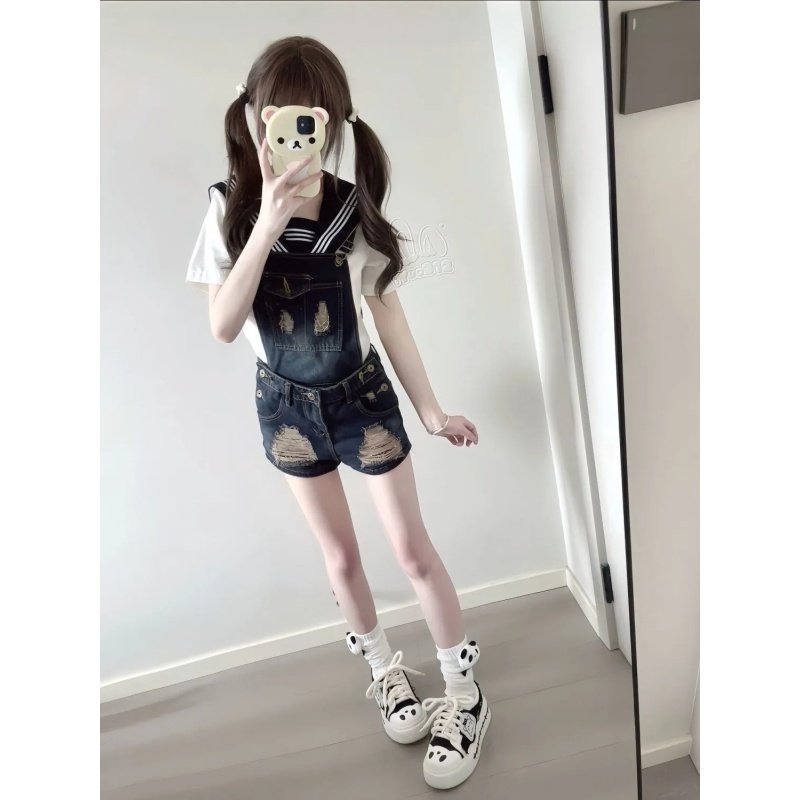 美式复古破洞牛仔背带短裤女2025新款纯欲俏皮辣妹性感超短热裤子,淘宝优惠券,粉丝福利购,淘宝优惠卷