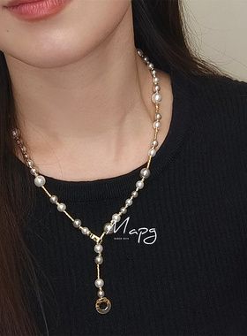 MAPG法式雨雾珠帘优雅灰白珍珠项链温柔气质两用Y形毛衣链25新款