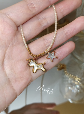 法式复古小木马吊坠珍珠项链