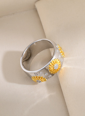 S925纯银！向日葵戒指法式复古小众设计时尚高级精致百搭纯银耳饰
