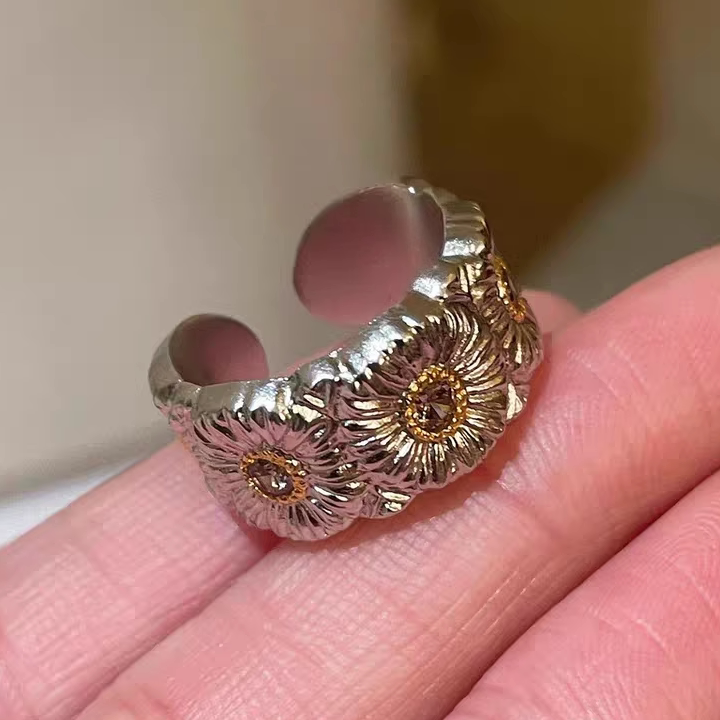 S925 sterling silver! GD Quan Zhilong's same sterling silver ring Buqifeng Daisy medieval brushed retro craftsmanship