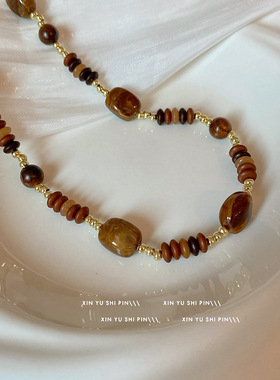 美拉德仿虎眼石项链复古串珠锁骨链国风中古颈链女2024新款爆款