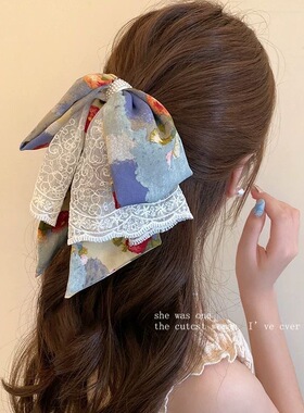 油画风蕾丝蝴蝶结马尾抓夹女高级感后脑勺发夹盘发鲨鱼夹发卡头饰