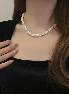 多层珍珠缠绕项链轻奢小众级感锁骨链女气质百搭闺蜜劲链