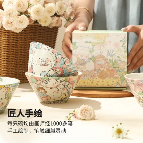 蓝莲花家居陶瓷斗笠碗釉下彩饭碗面碗漂亮家用碗个人专用碗汤面碗 - 图0