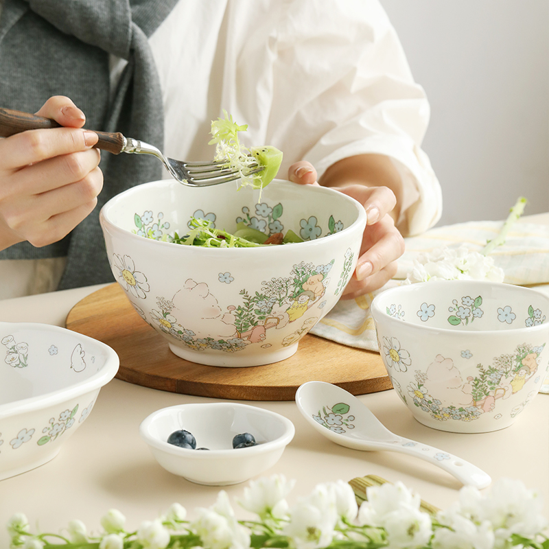 蓝莲花家居餐具家用陶瓷饭碗个人专用面碗汤碗儿童碗可爱小清新