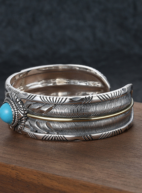 s925纯银日系复古个性老鹰手镯潮男印第安风羽毛飞鸟开口手环男士