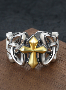 小众设计感S925纯银复古十字架戒指潮男镂空个性霸气宽面开口指环