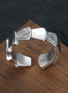 国潮小众个性龙鳞唐草纹开口戒指男士S925纯银简约光面指环不掉色