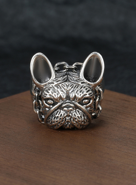 原创男士时尚个性霸气小众手工做旧斗牛犬法斗狗头戒指开口可调节
