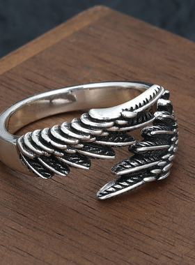 纯银情侣戒指男女开口可调节天使之翼翅膀s925银复古泰银对戒个性