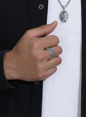 S925纯银开口可调节戒指男士复古做旧时尚高级感手工霸气鱼骨指环