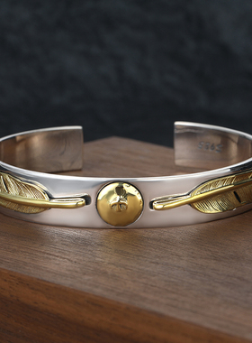 S925纯银点金飞鸟双羽毛平打手镯男女朋克潮人情侣开口手环高级感