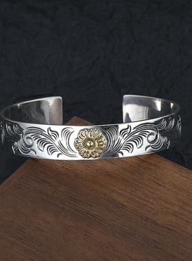 复古个性点金普薇花唐草纹宽面手镯男士开口可调节重工纯银手饰