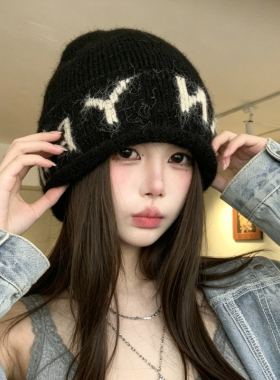 秋冬抽绳包头针织毛线帽子女保暖