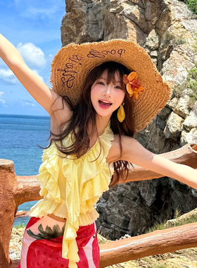 超大檐防晒刺绣沙滩草帽女