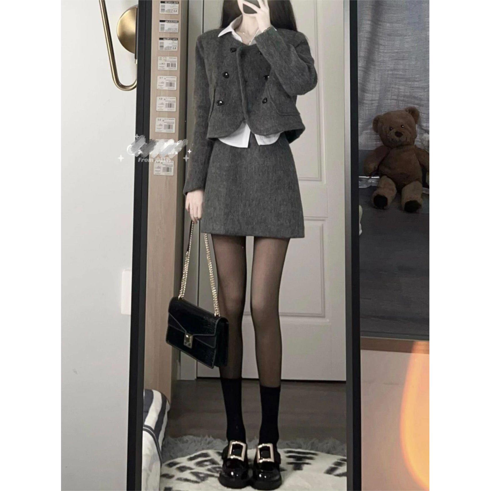 毛呢套装裙秋冬季新款韩版气质小个子短款外套女显瘦半身裙两件套 - 图2