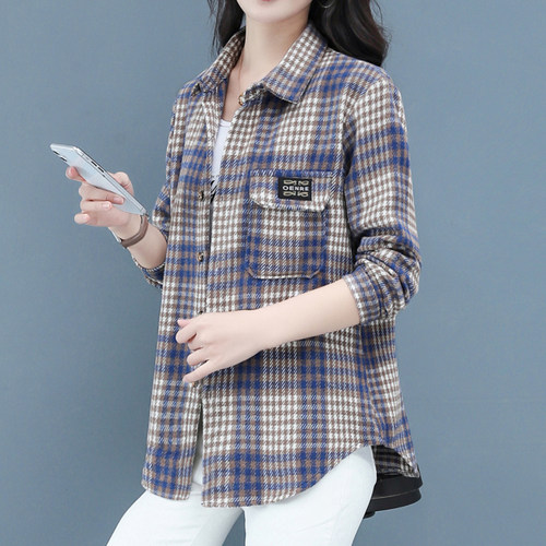 工厂直销 春秋新款格子衬衫厚款磨毛格子衬衣女宽松休闲大码款 - 图2