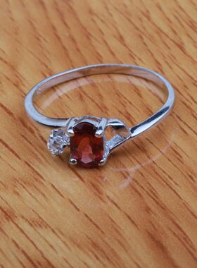 韩版天然纯银饰品石榴石戒指