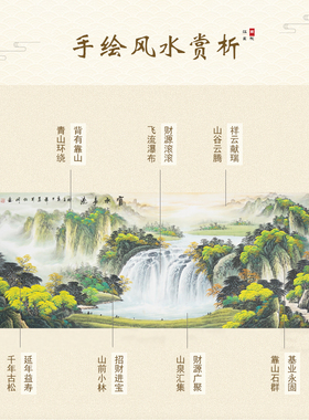 富水长流山水画国画手绘聚宝盆办公室沙发客厅背景墙实木有框挂画