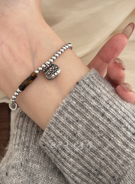 s925银复古做旧招财醒狮手链