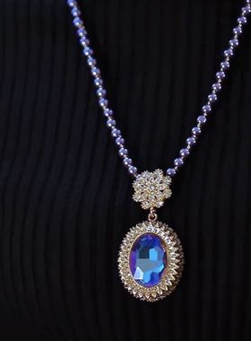 新中式复古紫色椭圆花朵长款毛衣链女精致吊坠百搭装饰配饰项链女