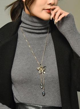 秋冬毛衣链女花朵长款流苏项链