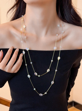 韩系双层叠戴水晶项链女百搭款高级感长款毛衣链服装配饰挂件腰链