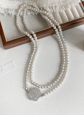 高档大气玫瑰花珍珠长款项链女