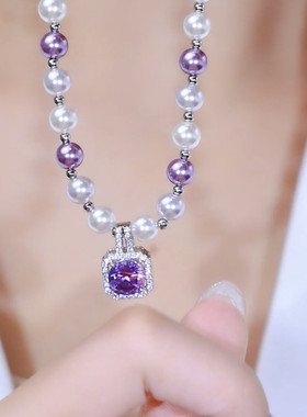 紫色满钻方糖仿珍珠锁骨链项链女