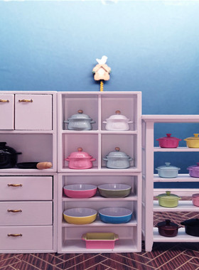 1：12娃娃屋微缩厨房食玩厨具模型配件迷你合金珐琅彩双耳小汤锅