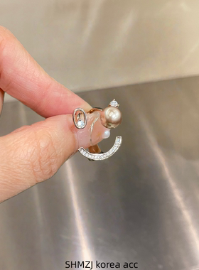 笑脸珍珠镶钻戒指开口戒指时尚