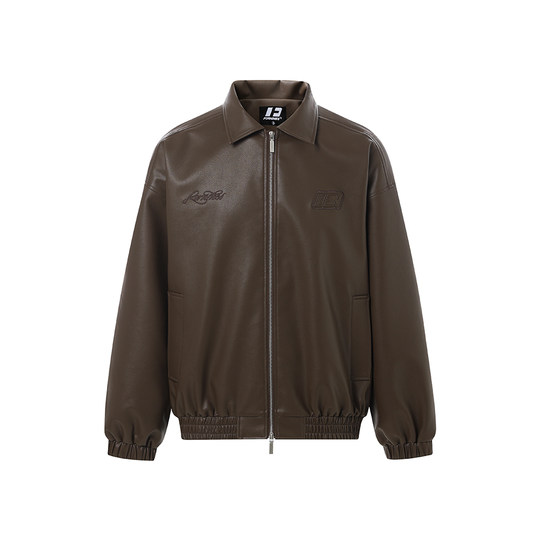 FORNINES刺绣翻领棕色皮衣男女情侣潮牌秋冬pu皮夹克美式复古外套