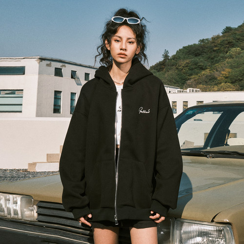 FORNINES刺绣重磅拉链灰色卫衣男女潮牌连帽开衫情侣春秋美式外套 - 图1