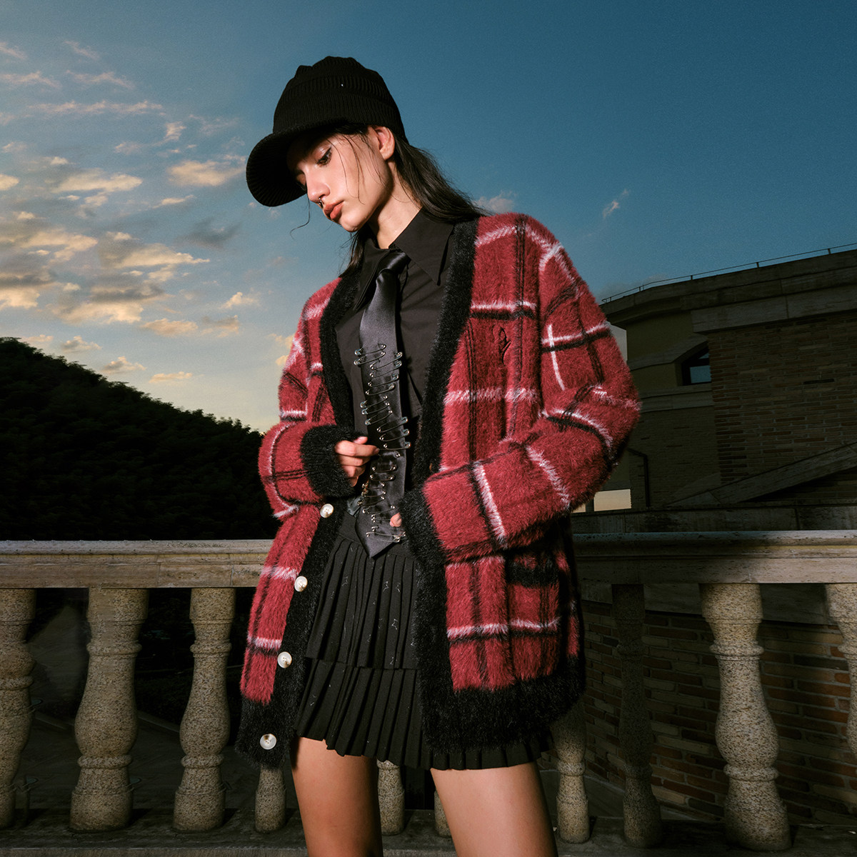 FORNINES仿貂毛V领慵懒格子开衫毛衣男女潮牌秋冬情侣针织衫外套,淘宝优惠券,粉丝福利购,淘宝优惠卷