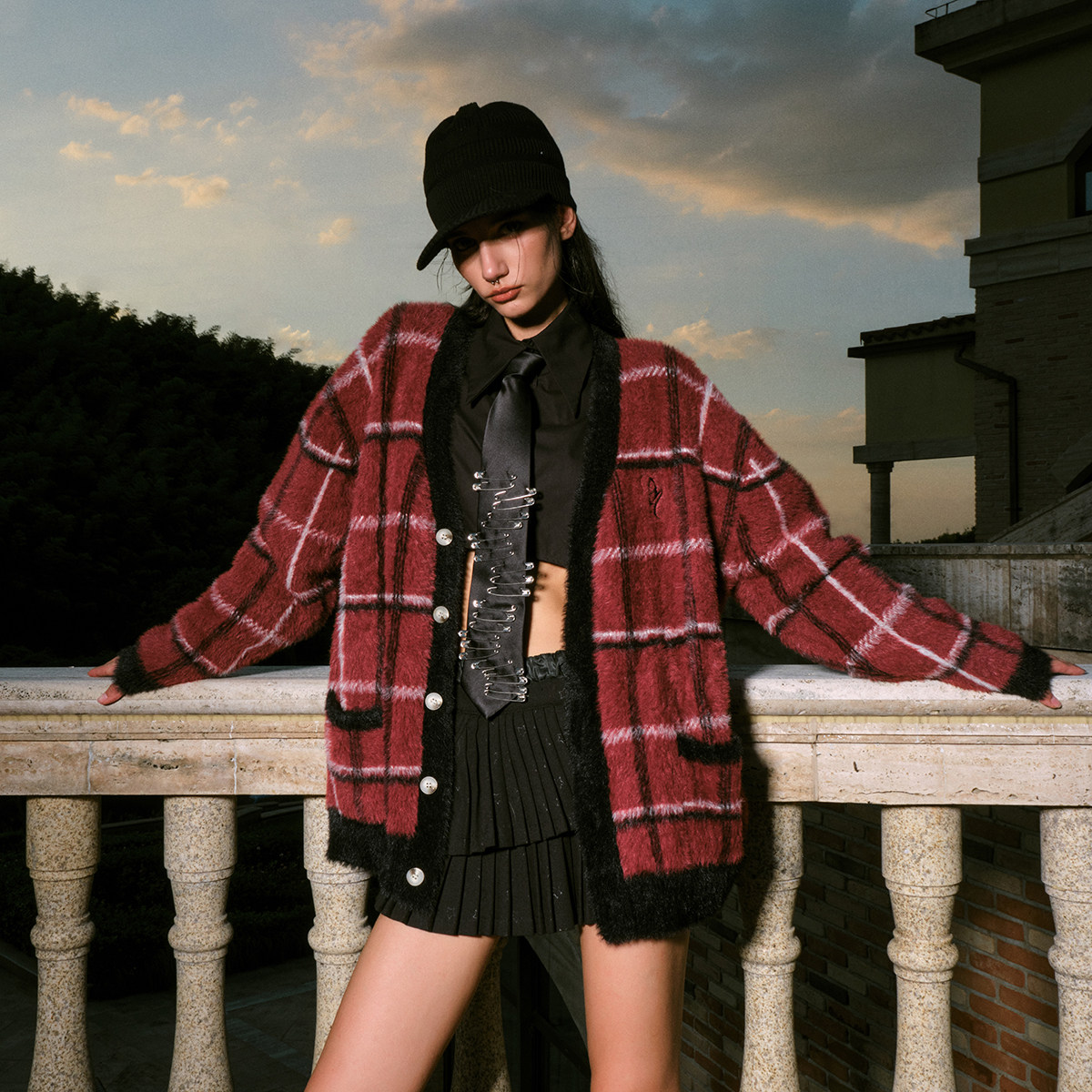 FORNINES仿貂毛V领慵懒格子开衫毛衣男女潮牌秋冬情侣针织衫外套,淘宝优惠券,粉丝福利购,淘宝优惠卷