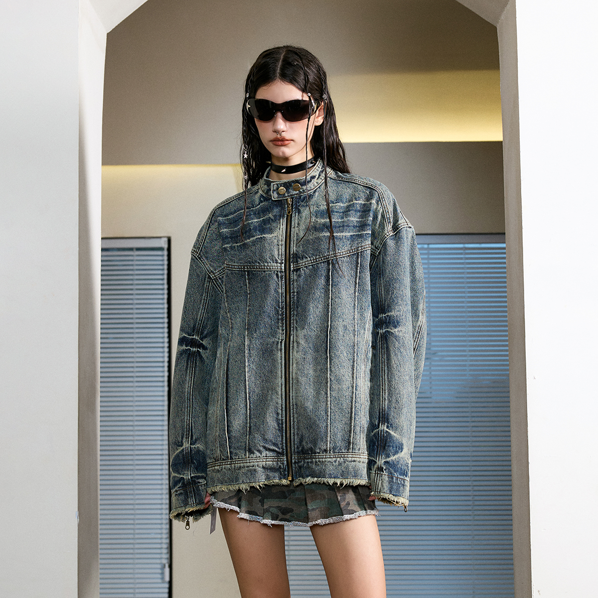 FORNINES机甲做旧水洗牛仔夹克男女潮牌衣服春秋美式复古立领外套 - 图2