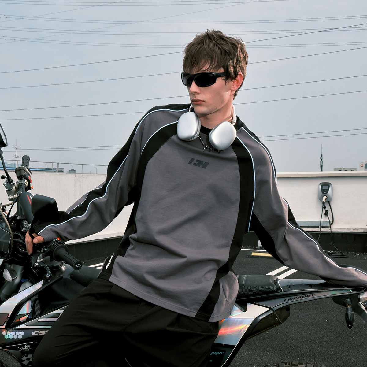 田嘉瑞同款FORNINES美式拼接运动长袖T恤男情侣潮牌重磅春秋卫衣