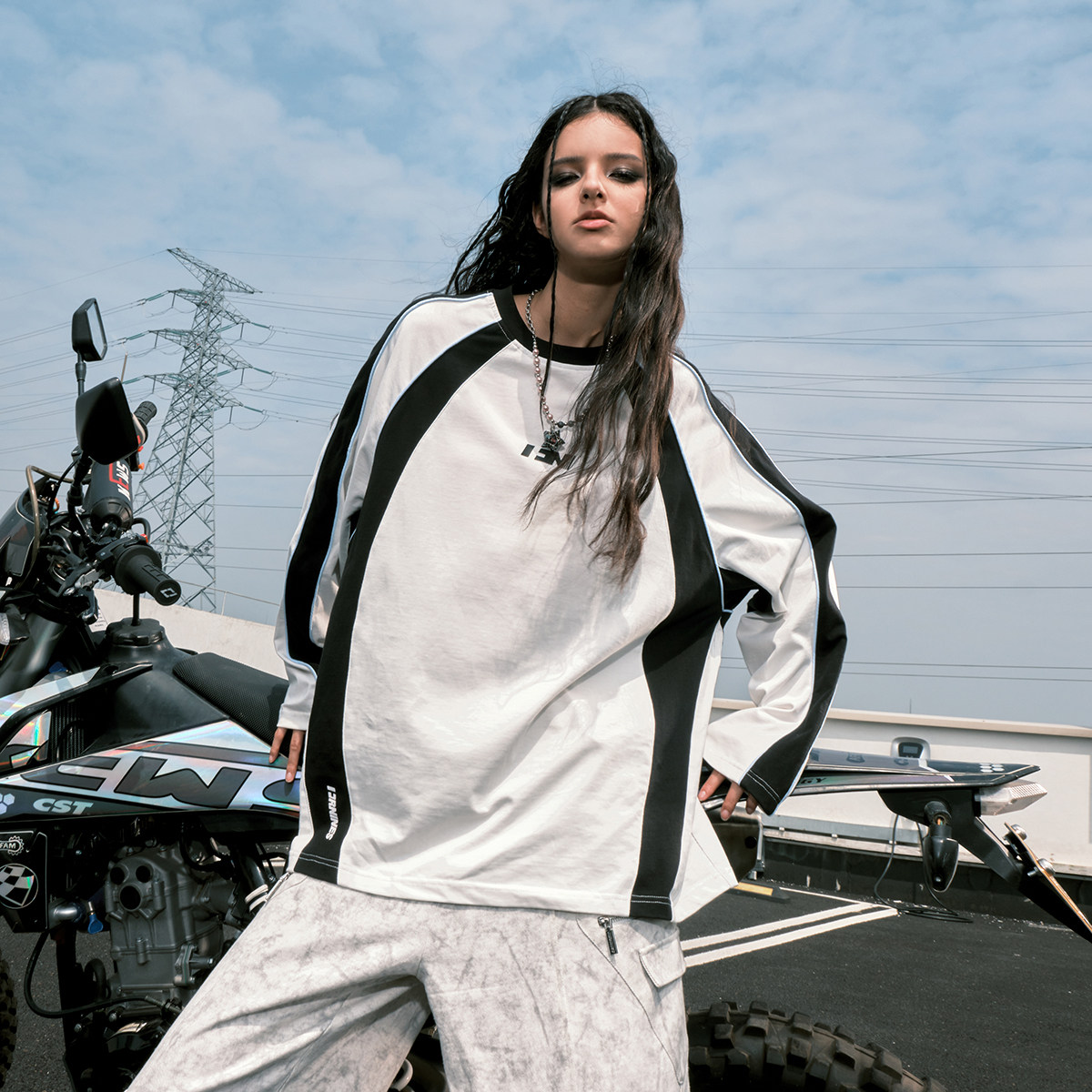 田嘉瑞同款FORNINES美式拼接运动长袖T恤男情侣潮牌重磅春秋卫衣