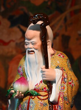 曾龙升瓷祝寿中式客厅手绘摆件