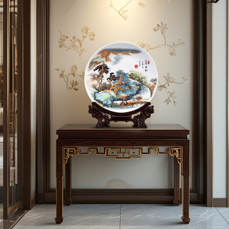景德镇陶瓷器山水图案赏盘挂盘新中式客厅博古架家居室装饰品摆件,淘宝优惠券,粉丝福利购,淘宝优惠卷