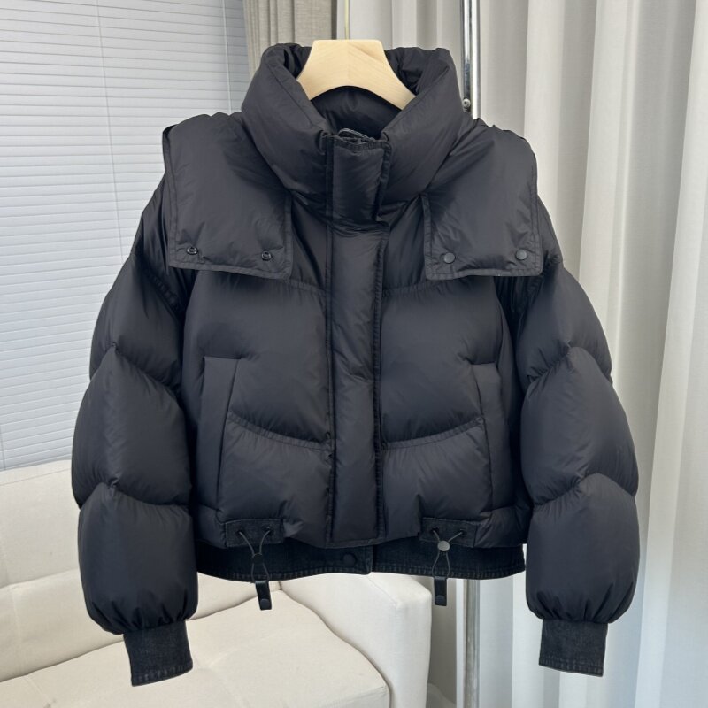 欧货牛仔拼接羽绒服女2025冬季新款韩版小个子90白鸭绒加厚短款潮