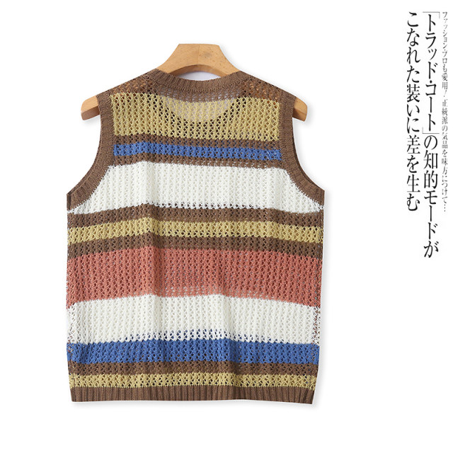 J5124 ການຄ້າຕ່າງປະເທດແມ່ຍິງ sleeveless Hollow Knitted Vest Summer ຮູບແບບໃຫມ່ Round Neck Breathable Color Matching Loose Vest