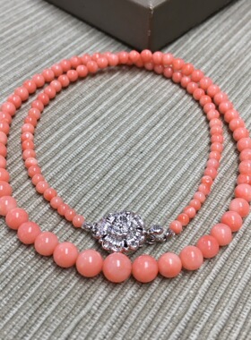 七宝珊瑚：粉红色圆珠项链，3一6.3mm，品质品相如图，重13.03克