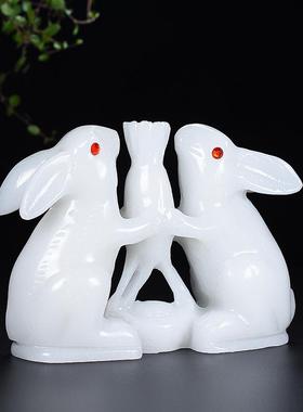 天然白玉兔子步步生财生肖兔摆件