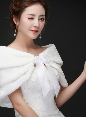 新娘婚纱三层系带毛披肩外套