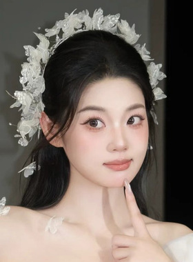 新款森系新娘头饰白色蕾丝仙美花