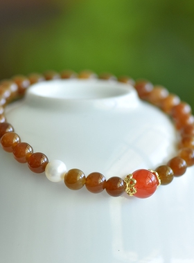 天然和田玉糖料手链珍珠南红女款